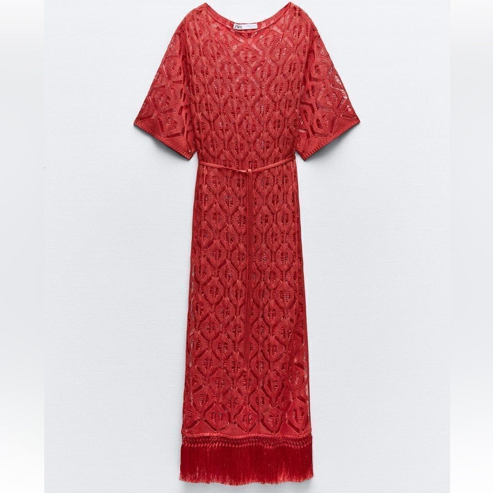 Zara long fringed open knit tunic